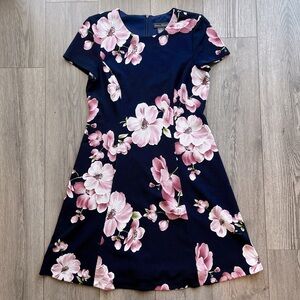 Jessica Howard A-Line Navy & Pink Short Sleeve Floral Dress Stretchy Midi 12